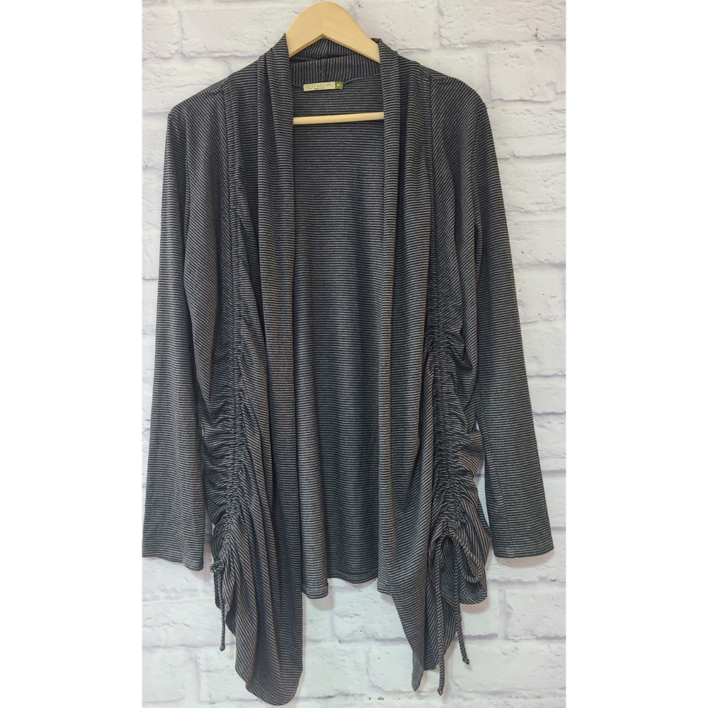 Chalet Open Front Cardigan Womens Medium Black Gray Striped Ruched Sides Stretch